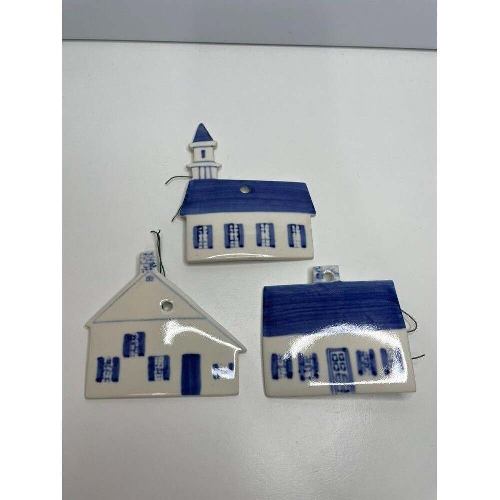 3 Ceramic Barn House Hanging Ornaments